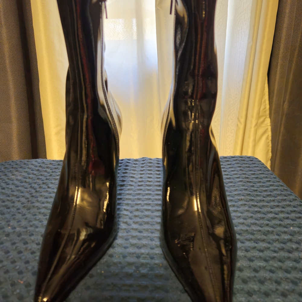 Jeffrey Campbell Sleek Black Crinkle Patent Leather Heeled Boots